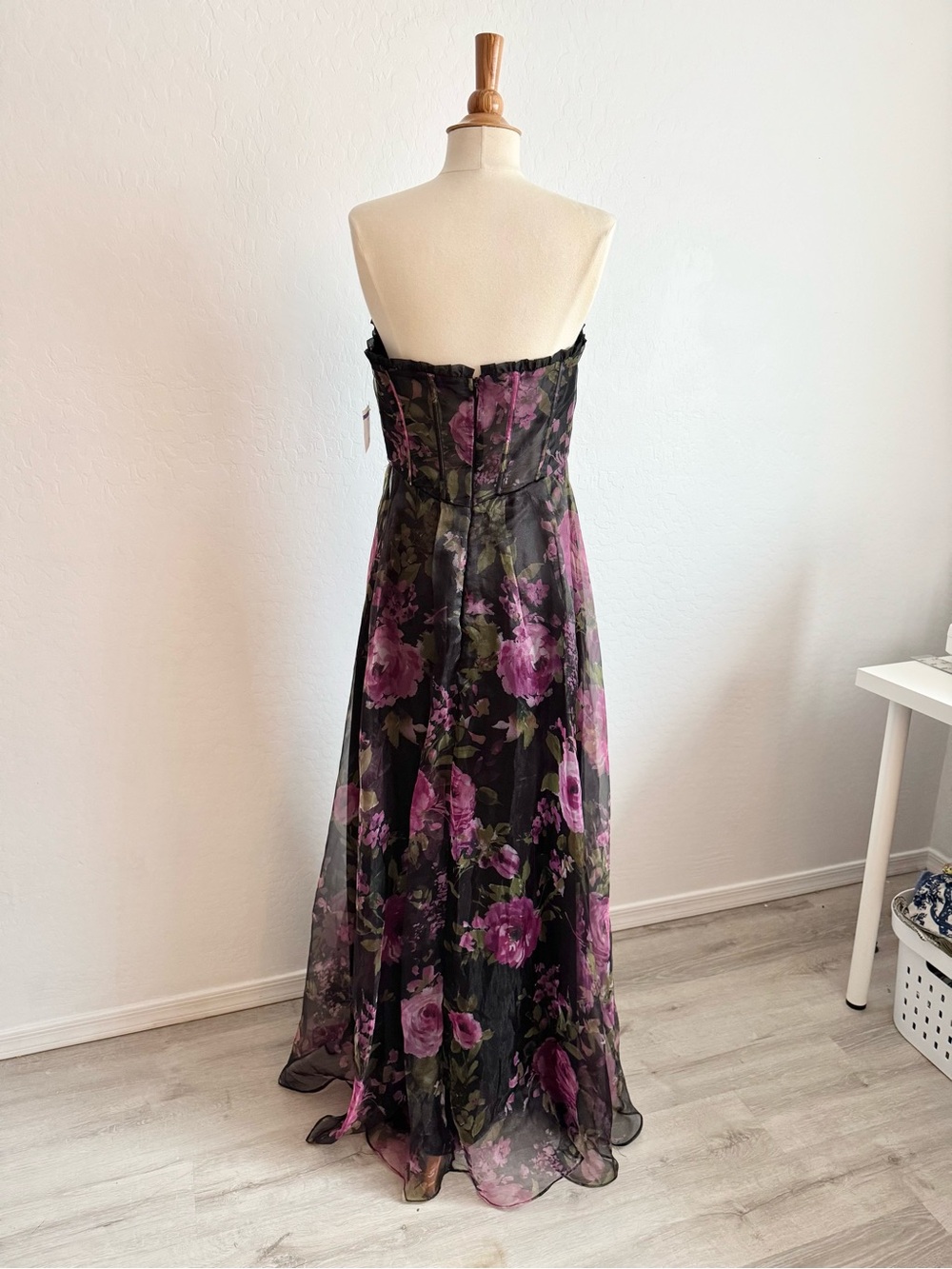 Lulu's Black Strapless Floral Chiffon Gown w/ Purple Roses needs 2 easy repairs - Picture 3 of 13